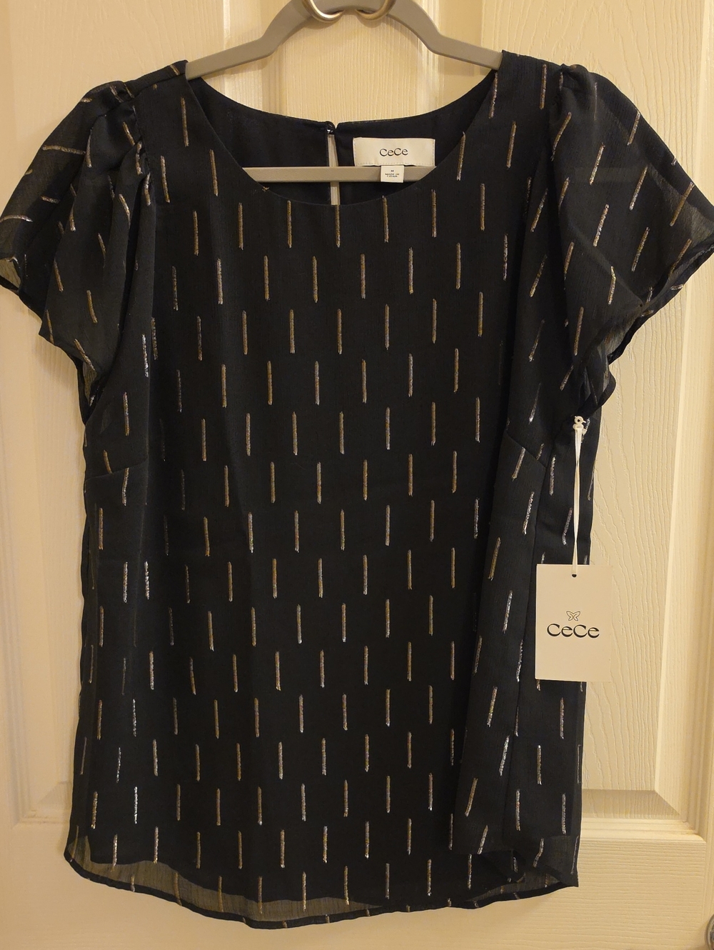 CeCe Black Metallic Stripe Flutter Sleeve Blouse